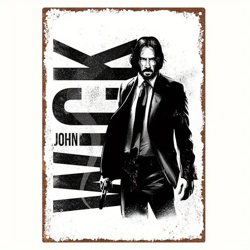 John Wick Black & White Metal Tin Sign - Rustic Wall Decor for Home, Living Room, Study, or Campus,  Vintage Film Fan Gift, Birt