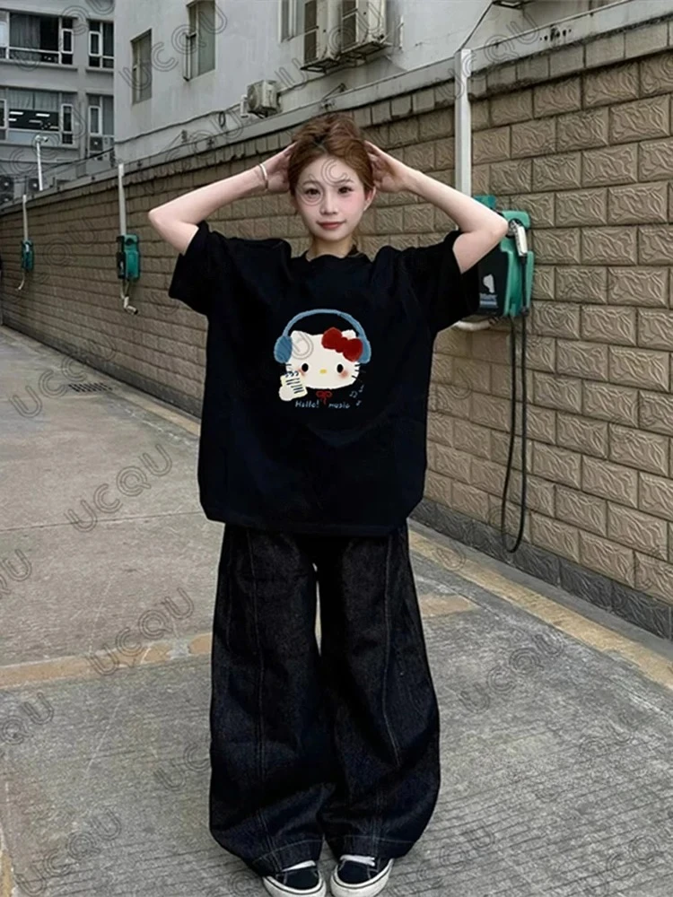 

2025 New Cute Cartoon Hello Kitty Printed Cotton T-shirt For Women Summer Short Sleeve Tees American Brand Casual Y2K Tee Tops