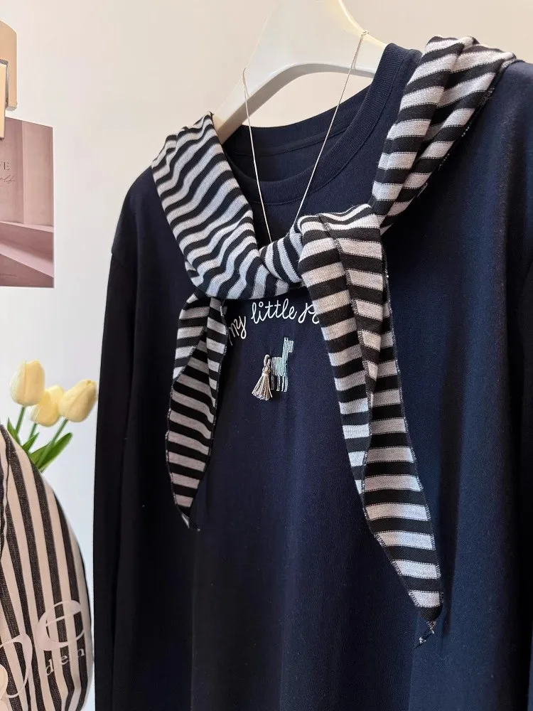 大きいサイズ 300ポウ インス ロングスリーブTシャツ レディース 秋 ストライプ 刺繍入り ツーピースセット 韓国風