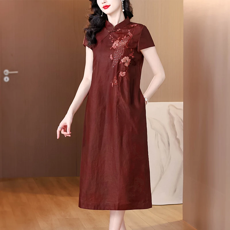 2025 여름 중국풍 실크 자카드 미디 선드레스 여성 보헤미안 패션 캐주얼 자수 드레스 우아한 럭셔리 페스티벌 베스티도