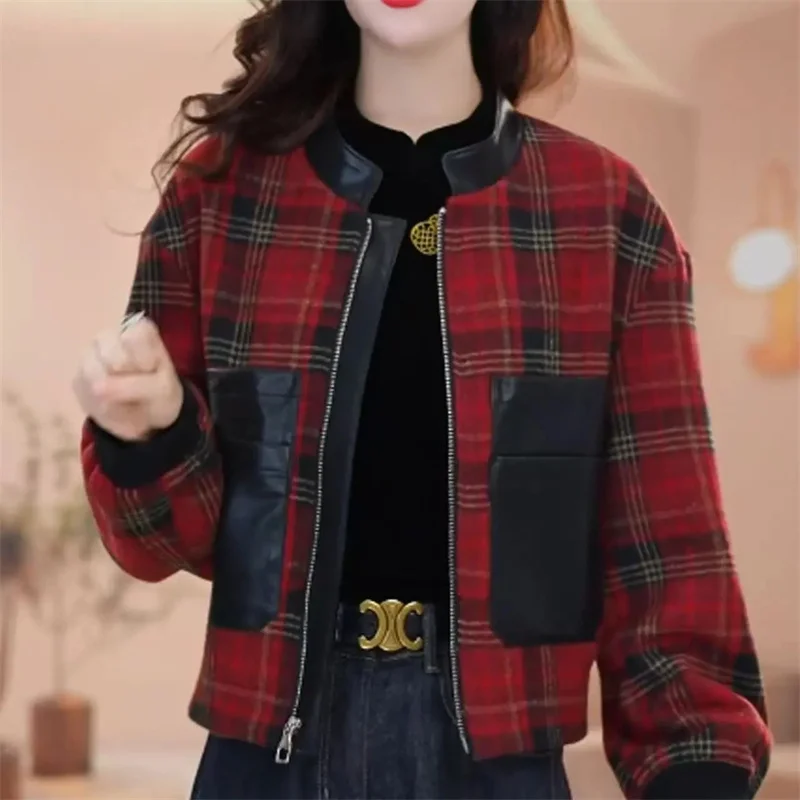 New Spring Autumn Fashion Lattice Splicing Jacket Women Loose Zipper Short Coat Female Casual long Sleeve Outerwear Ladies Tops