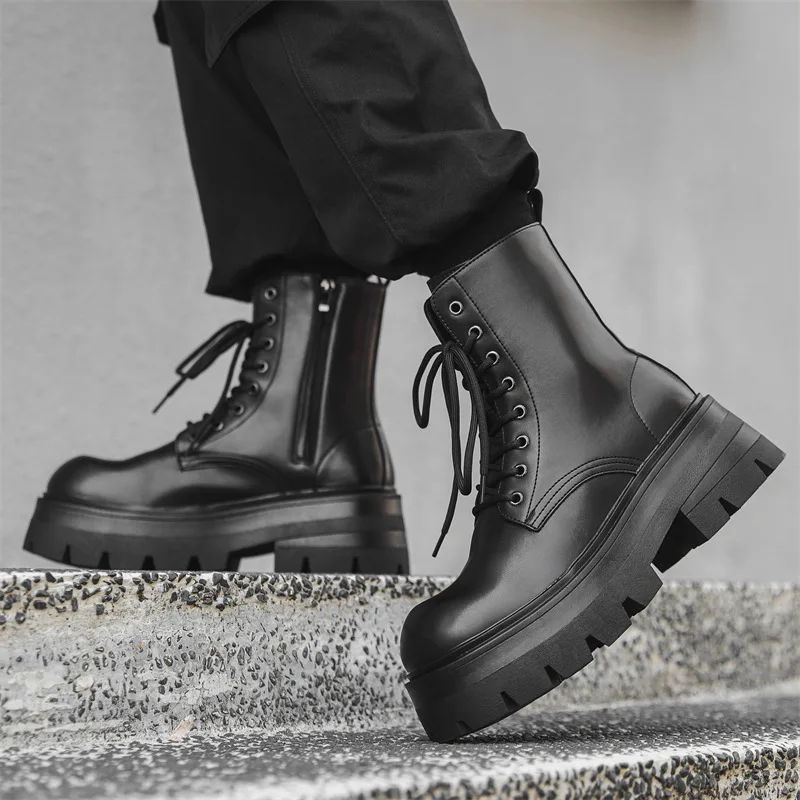 British style mens casual stage nightclub high motorcycle boots original leather shoes cowboy platform boot long knight botas