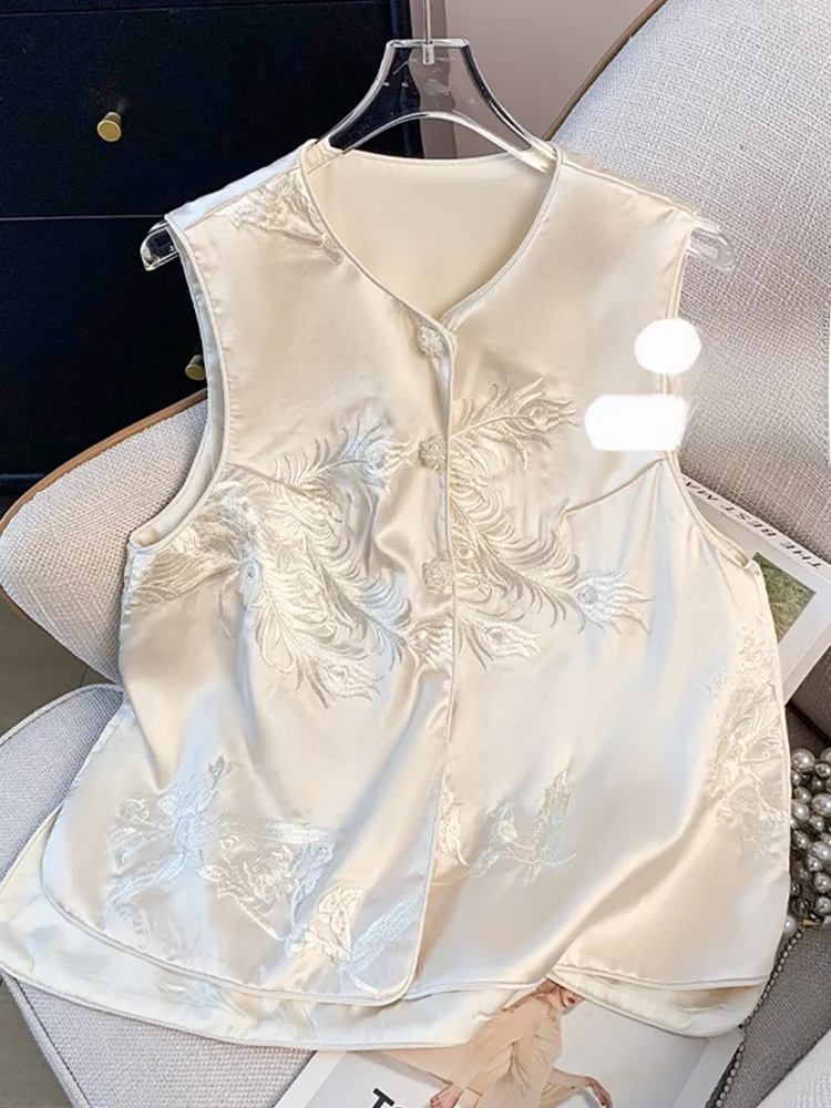 

Ele Acetate Satin Embroidered Vest Women's New Chinese Sle Heavy Work Spring 2025 Commute V-ne Button-up Top