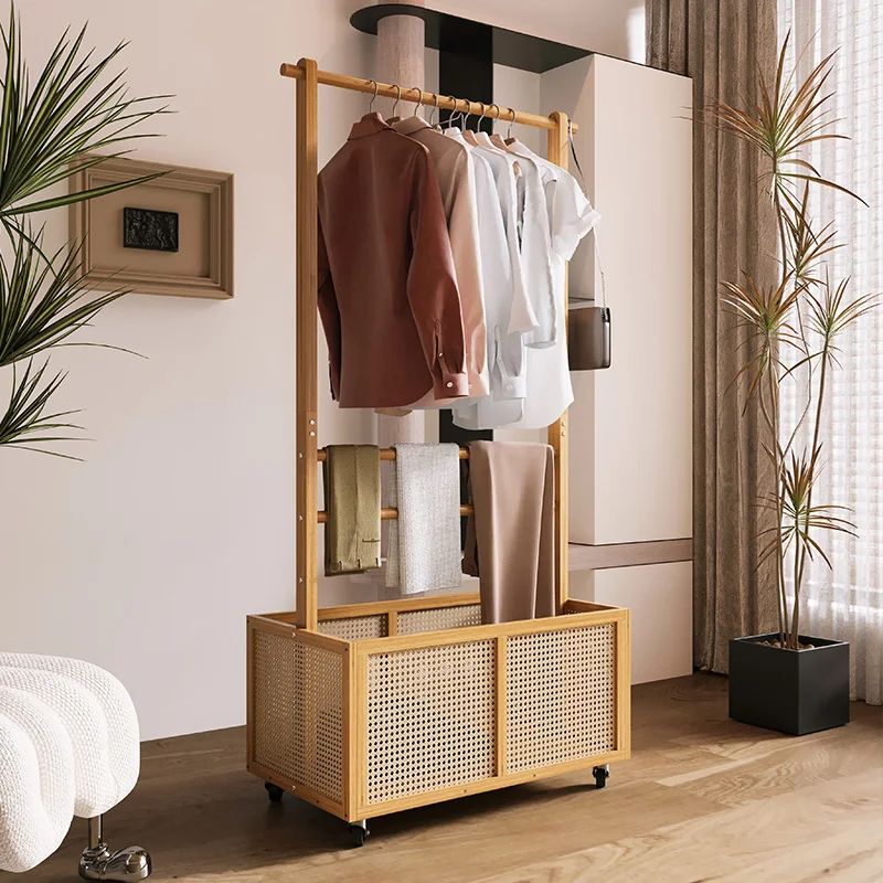 Multifunctional Bamboo Clothes Hanger Rattan Weaving Coat Racks Bedroom Clothing Storage Partition Mobile Clothing Organizer