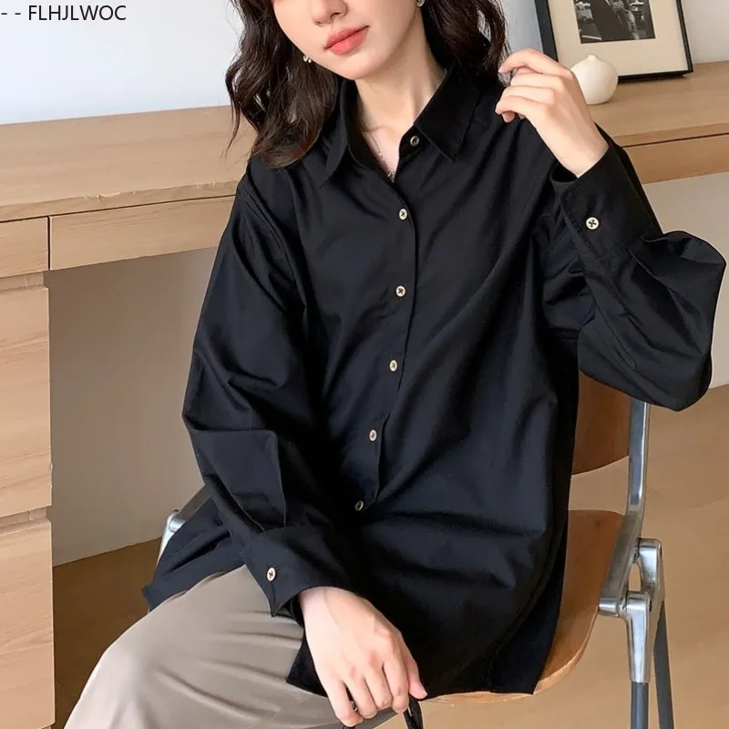 韓国スタイルカジュアルボタンダウンシャツオフィスレディ女性仕事シングルブレストベーシックソリッドエレガントなフレンチデザインブラックシャツ