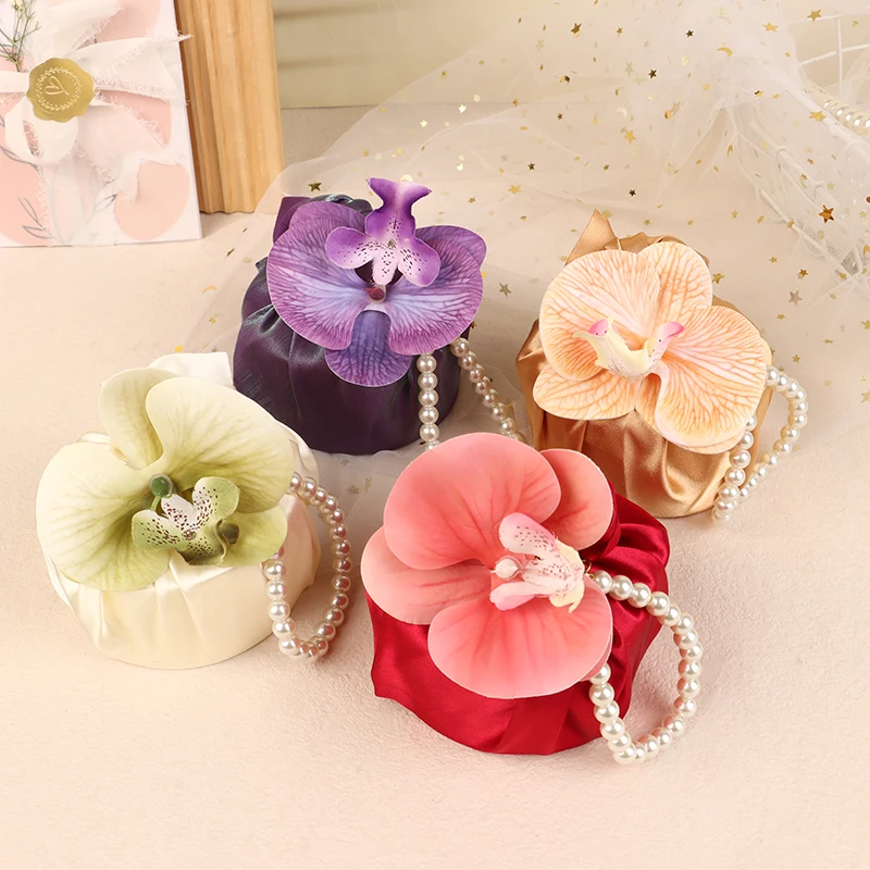 Fabric Flower Knot Bag Satin Silk Orchid Handbag Jewerly Packaging Box Wedding Candy Bag