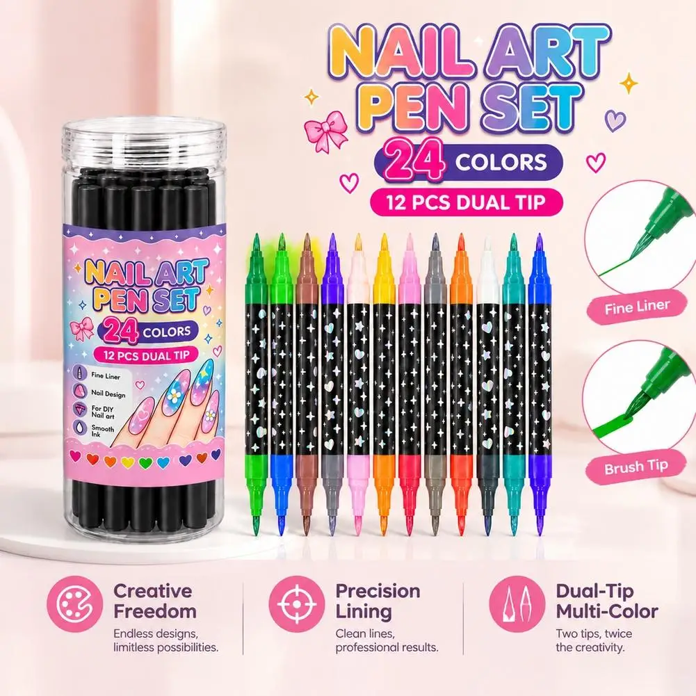 Double-headed Glitter Nail Art Painting Pen Set DIY Portable Halloween Christmas Holiday Party Creative Colorful Nail Paint Pen