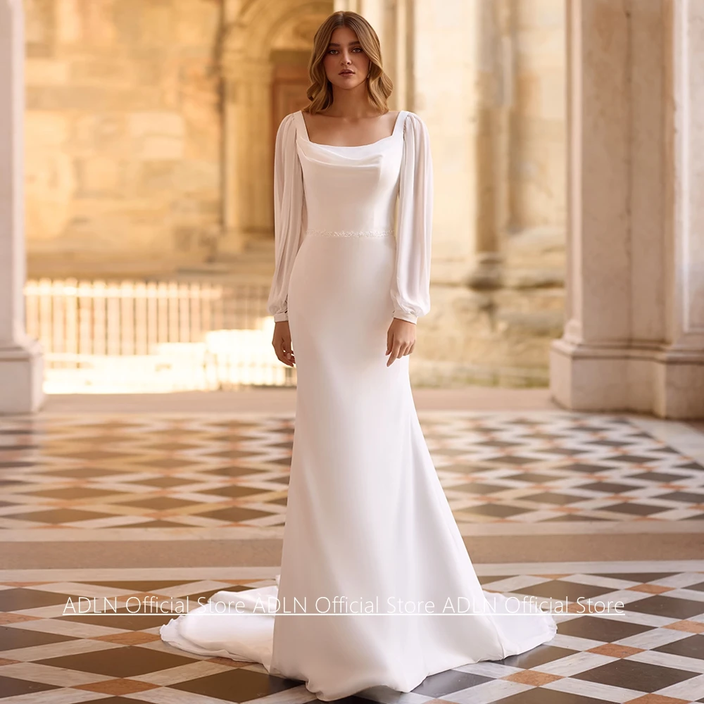 Customized Chiffon Mermaid Wedding Dress New Arrival Square Neck Puff Sleeves Beading Simple Bridal Gown Sweep Train