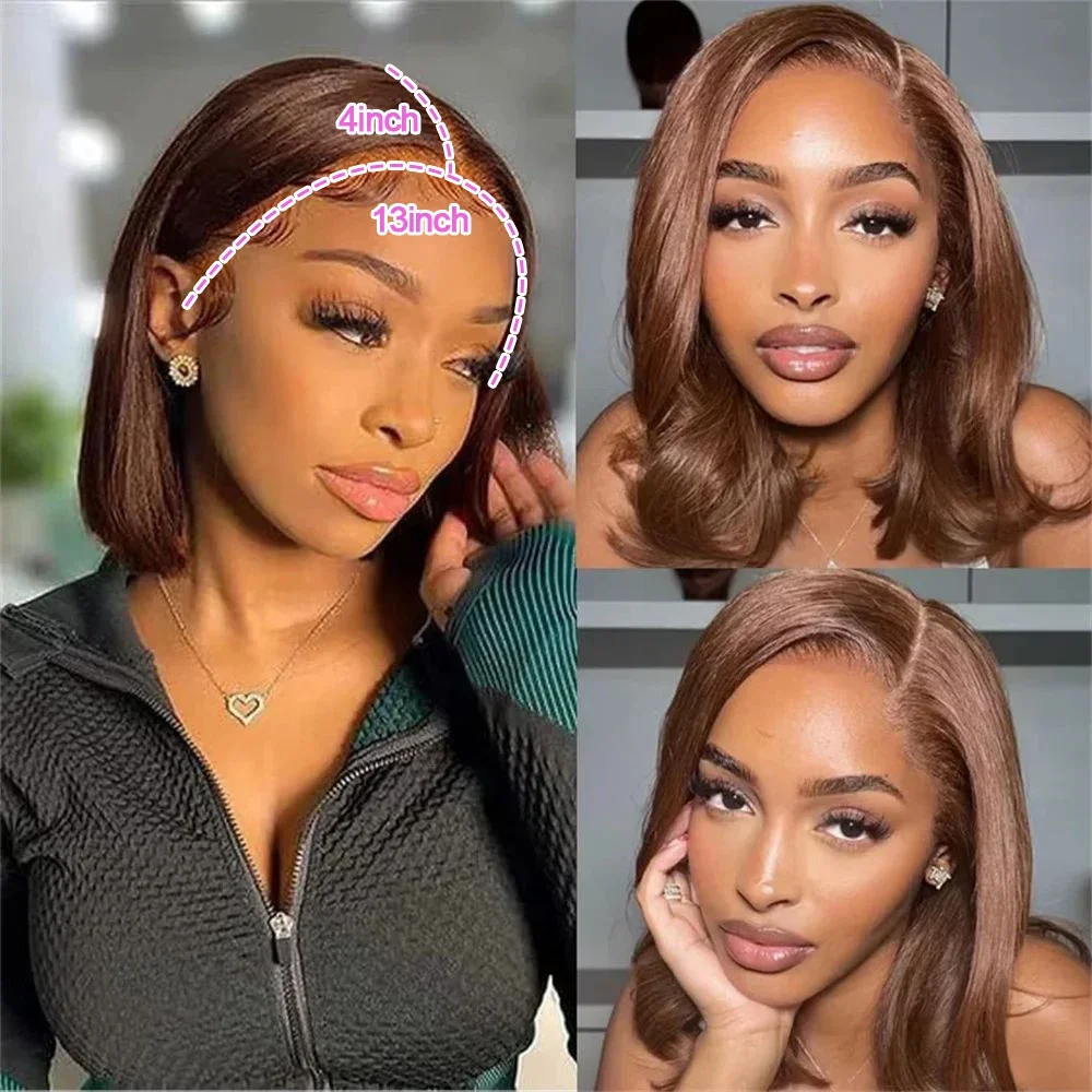 # 4 الشوكولاته براون بوب الباروكات 13x4 الدانتيل أمامي باروكة من شعر طبيعي 200% الكثافة الدانتيل الجبهة الباروكات شعر الإنسان مستقيم قصير بوب شعر مستعار 12In #3