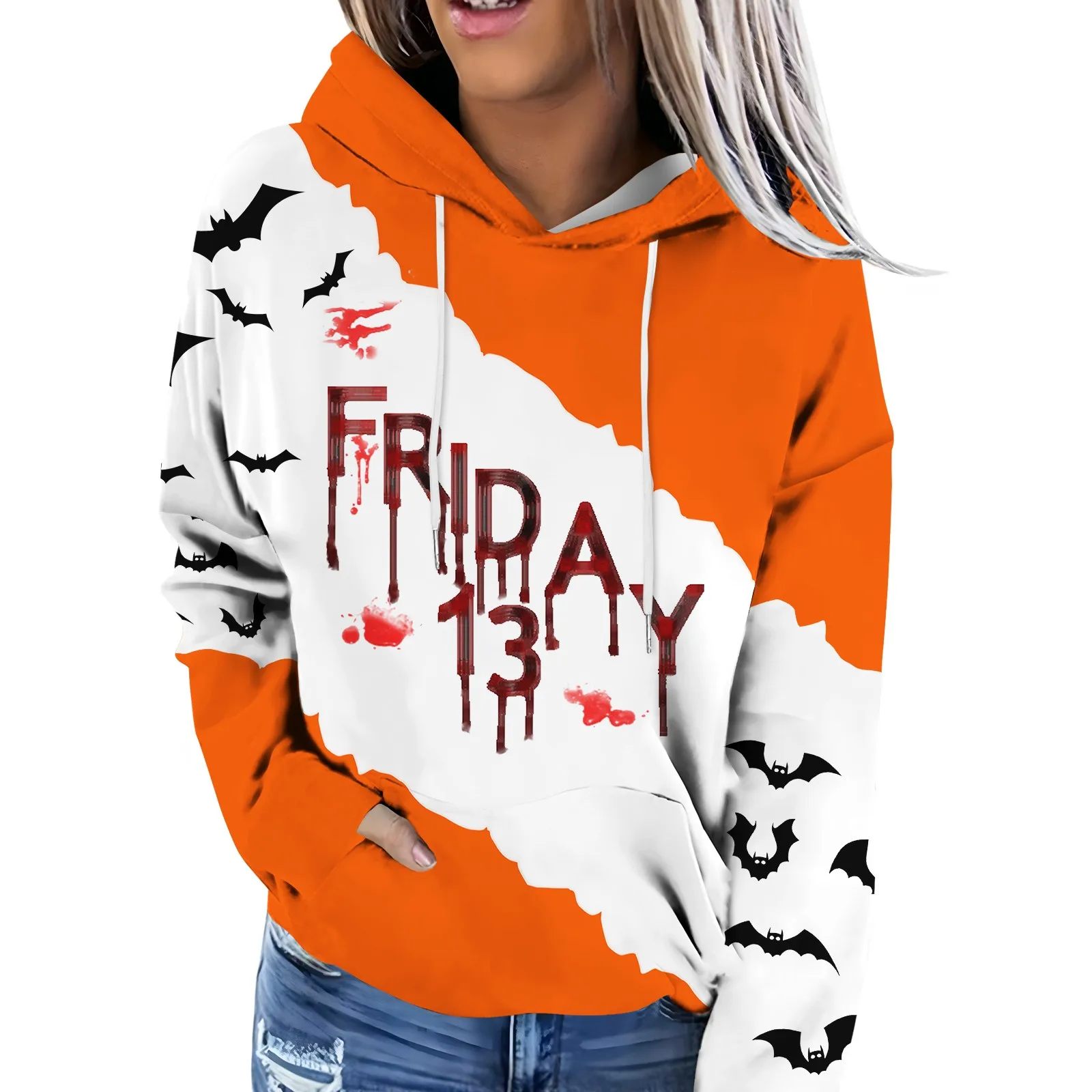 Hoodie Women\'S Halloween Printed Long Sleeved Sports Shirt Casual Party Costume Hooded Pullover With Pocket