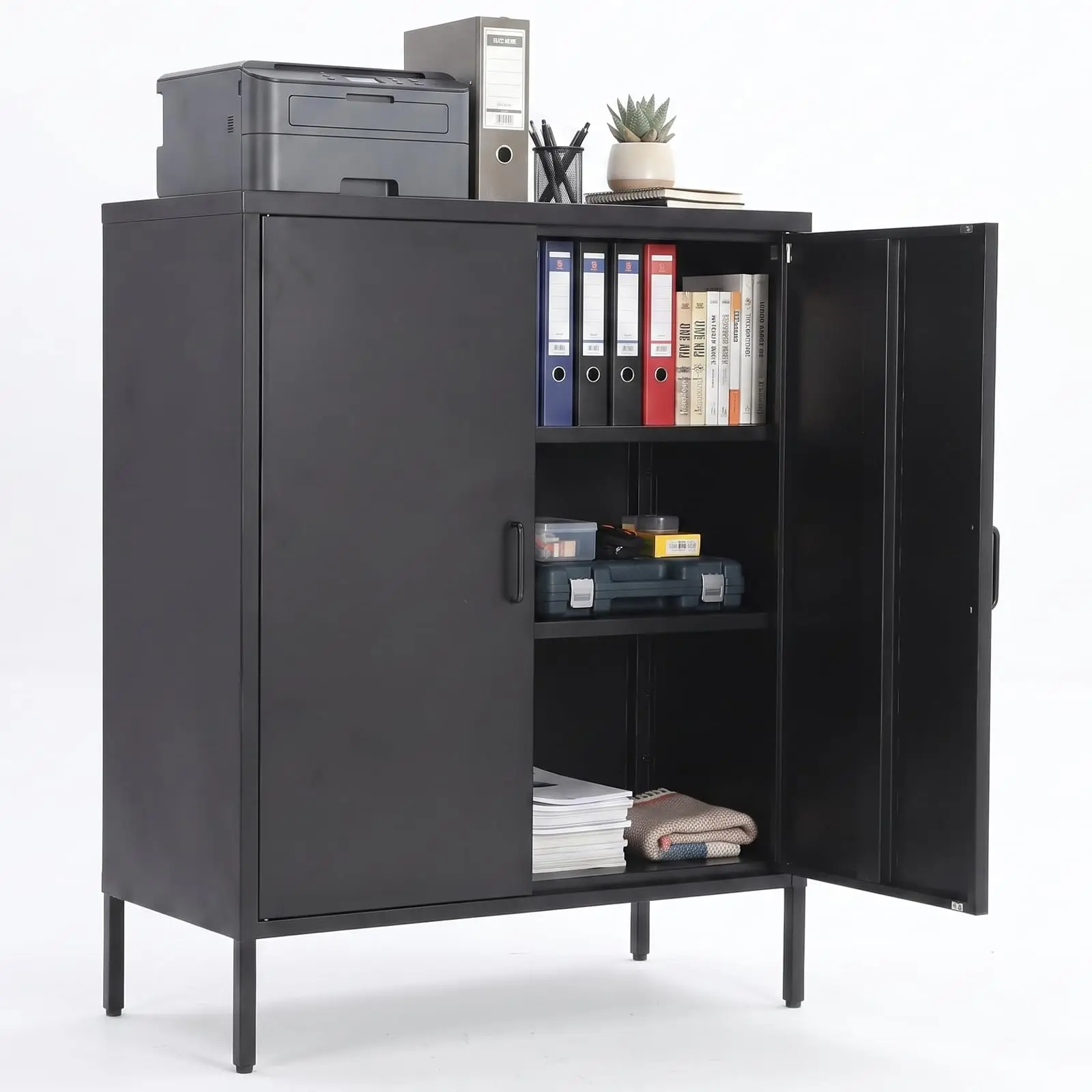 40 Inch Metal Storage Cabinet With 2 Doors, 3 Tier Steel Locker With Adjustable Shelves And Raised Legs For Office Garage Home