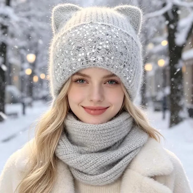 Women Sequin Cat Ear Knit Beanie Cap Scarf Integrated Winter Thick Faux Rabbit Fur Warm Earflap Cute Headwrap Cold Bomber Cap