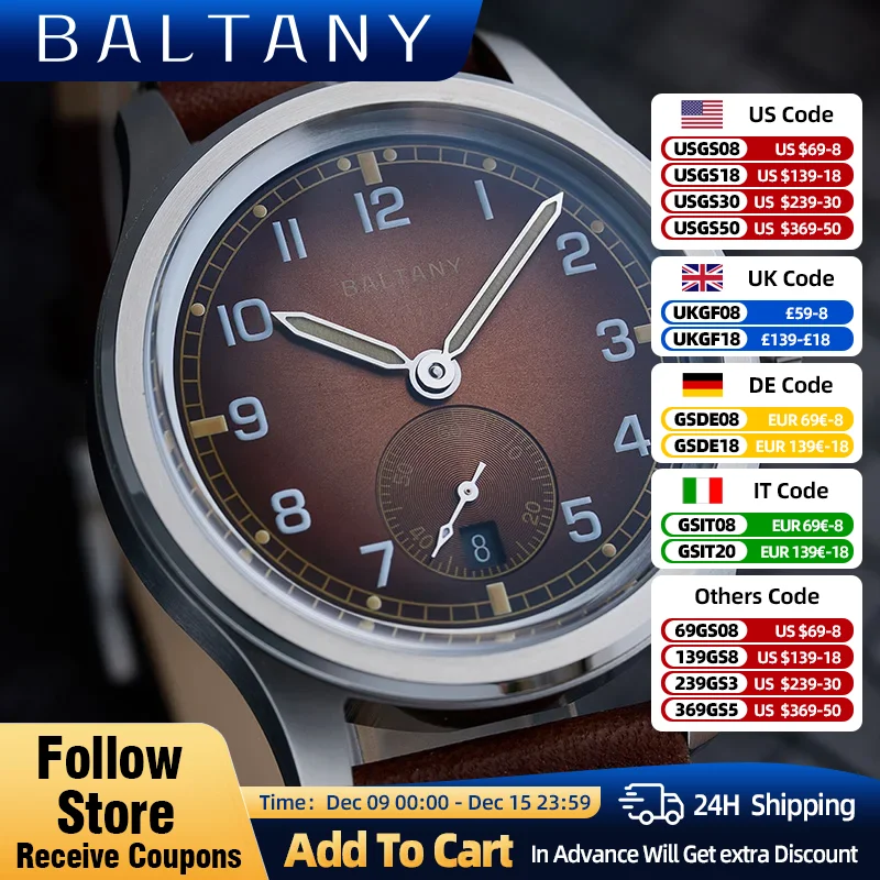 Baltany 39mm D12 Field Watch Date Sub-second Luminous 10ATM Sapphire Stainless Steel ST1731 Automatic Retro Military Watches