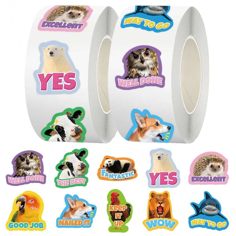 

500pcs/roll Cartoon Animal English Reward Stickers Funny Creative Graffiti Decals Stationery Phone Suitcase Sealing Label Decals