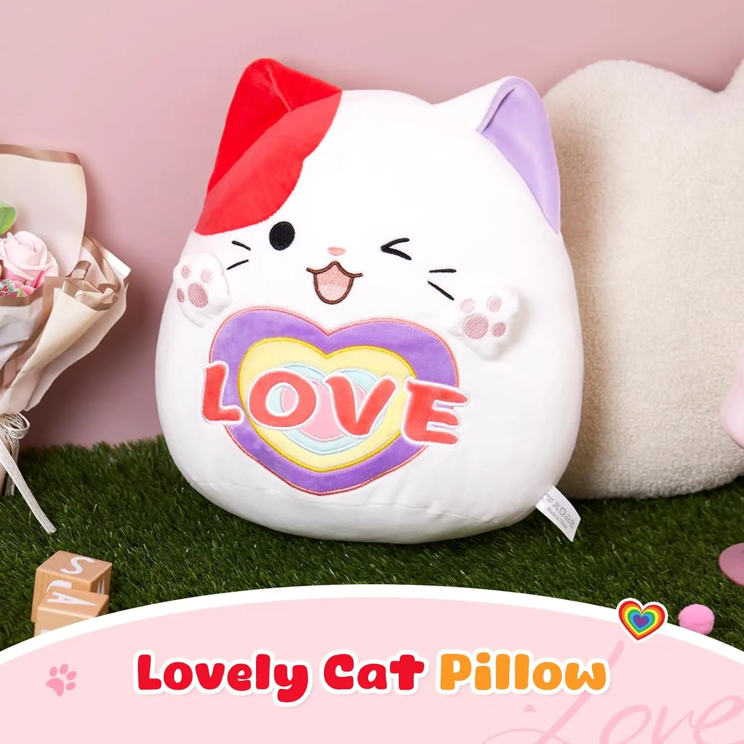 وسادة قطيفة على شكل قطة بطول 12 بوصة لعيد الحب، هدية حيوان محشو لطيف للأطفال والكبار، لعبة زخرفية ناعمة للعناق