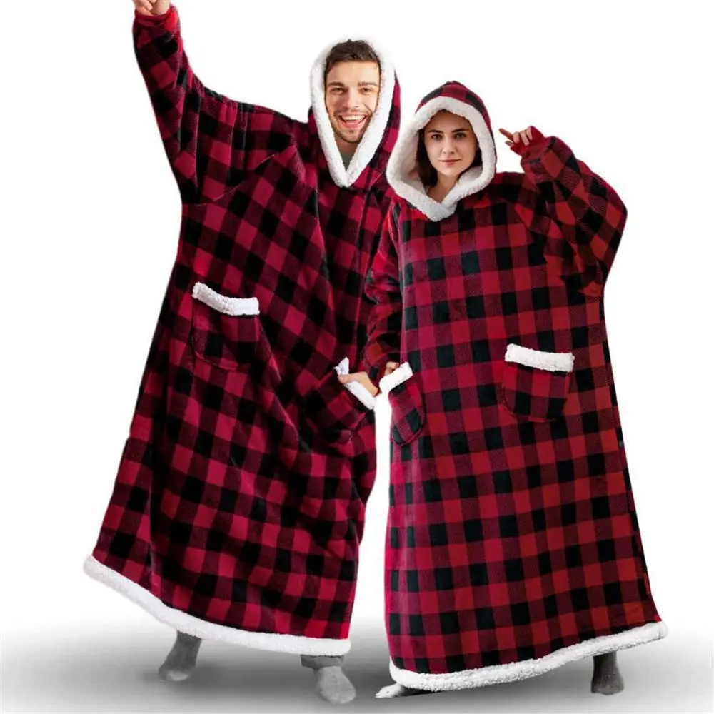 Winter Plaid Fleece Robe Hooded Overall Blanket Sweaters Oversized Unisex Pullover Faux Cashmere Puffy Coat