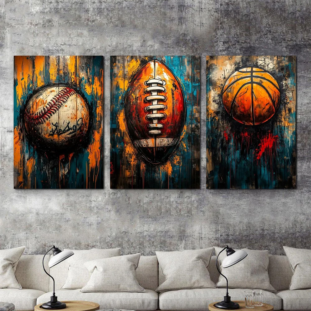

3pcs Graffiti Sport Wall Art Poster Baseball Basketball Football Abstract Painting Home Gym Interior Decor Canvas Print Picture