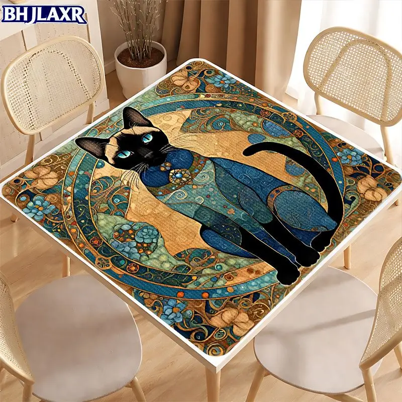 VIKAMA Siamese Cat Mahjong Table Mat Cute Non-Slip Noise-Reducing Durable Square Game Mat Mahjong Poker Card Game Room Decor