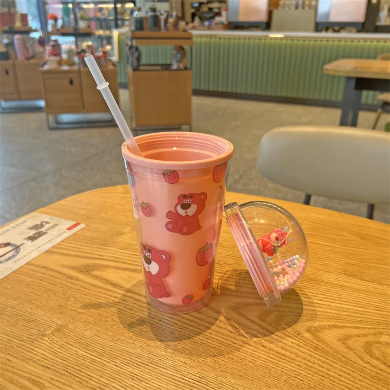 450Ml Kawaii Disney Lotso Waterbeker Grote Capaciteit Dubbellaags Plastic Bekerstijl Draagbare Rieten Beker Verjaardagscadeau Voor Kinderen
