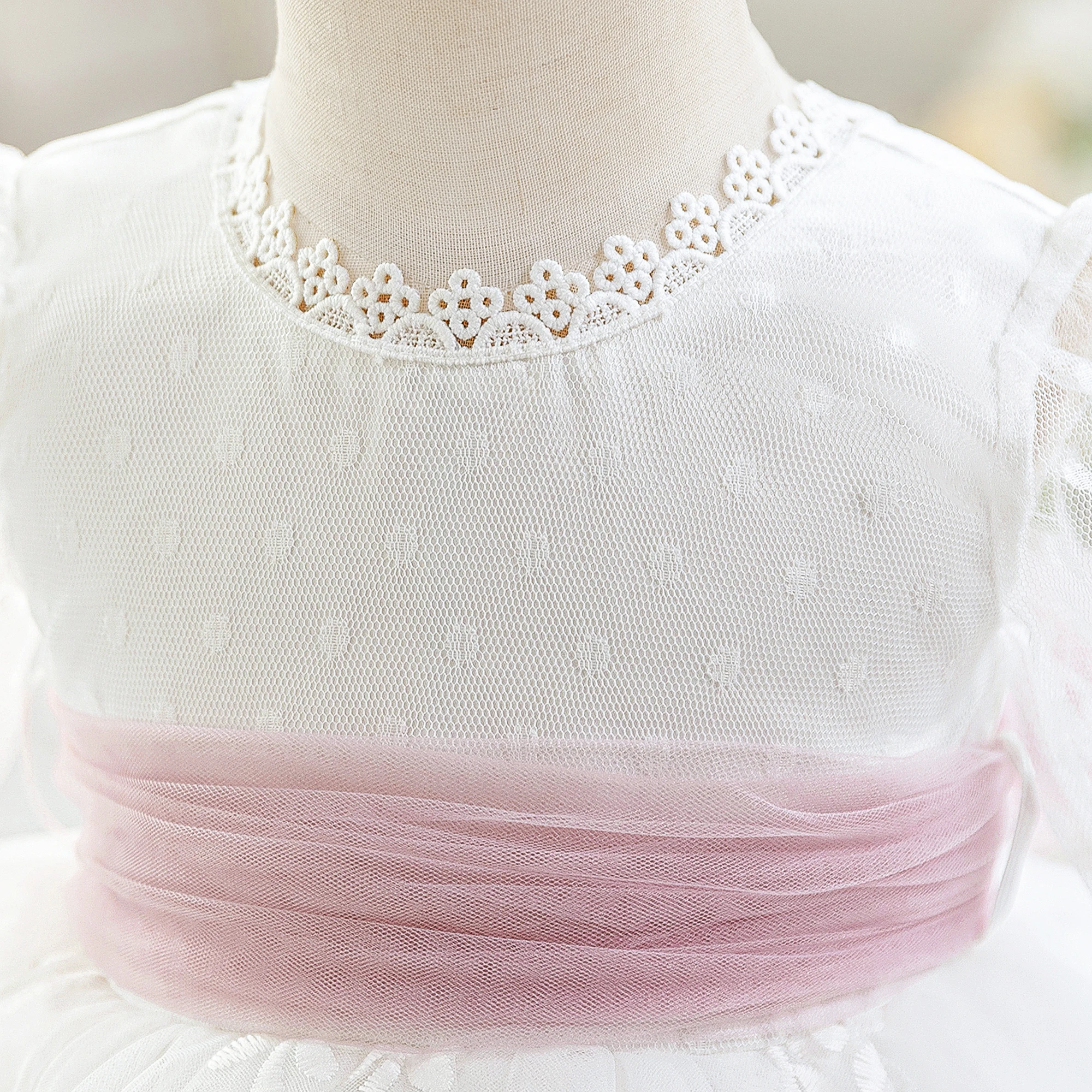 Kleinkind Langarm Taufkleid für Mädchen Elegantes Prinzessinnenkleid für 1. Geburtstag Hochzeit Party Mädchen Schleifenkleid Brautjungfern Festkleid – Detail 5