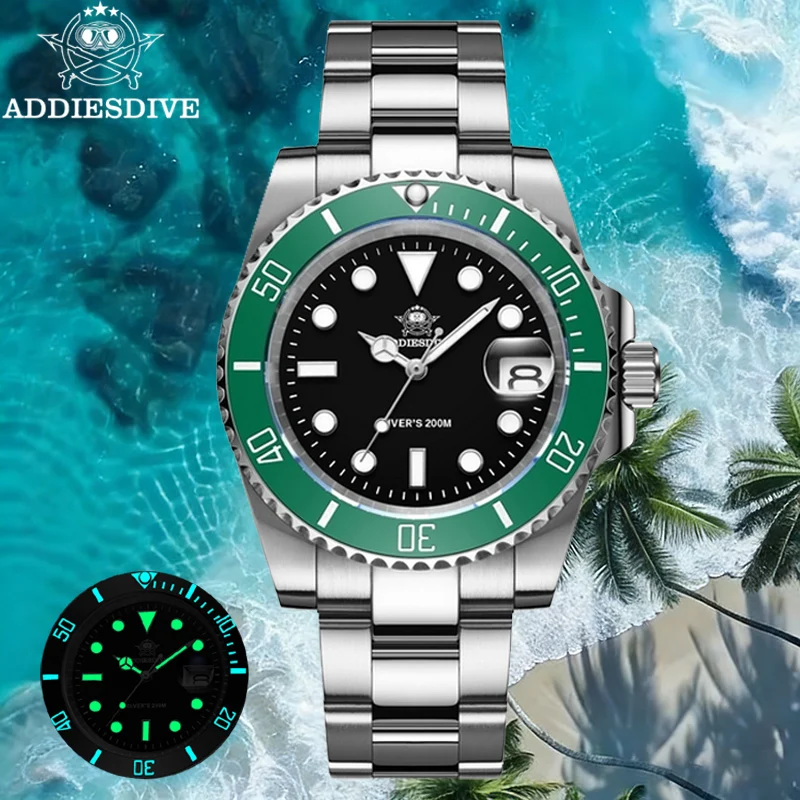 

ADDIESDIVE 41mm Men's 2115 Quartz Watch 200m Waterproof Ceramic Bezel Watches C3 Luminous 316L Stainless Steel Dive Wristwatch