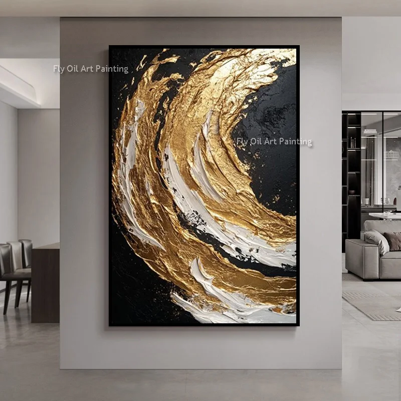 100% Handmade Curved Gold Wall Art, Palette Knife Texture Painting, Black White Canvas Modern Home Decor