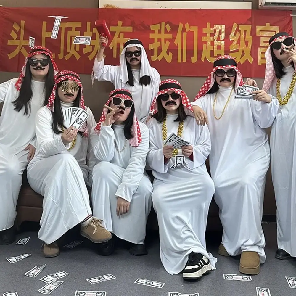 White Robe Arabic Costume Red Headscarf Fake Beard Arab Sheikh Outfit Middle Eastern Funny Glasses Arab Robe Set Adult Men