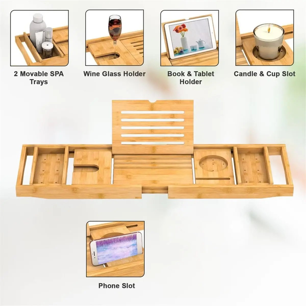 fitfit Bamboo Bath Tray - Extendable Bathtub Shelf with Tablet/Phone Slot, Candle/Cup Holder, Bathroom Storage Rack, Bath Tray