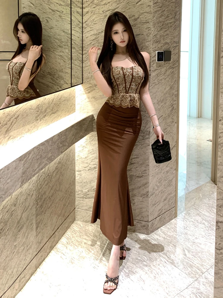 

Сексуальное кружевное длинное платье с одним плечевым ремнем в стиле ретро, женское облегающее платье с завязками на талии, вечернее платье для женщин
