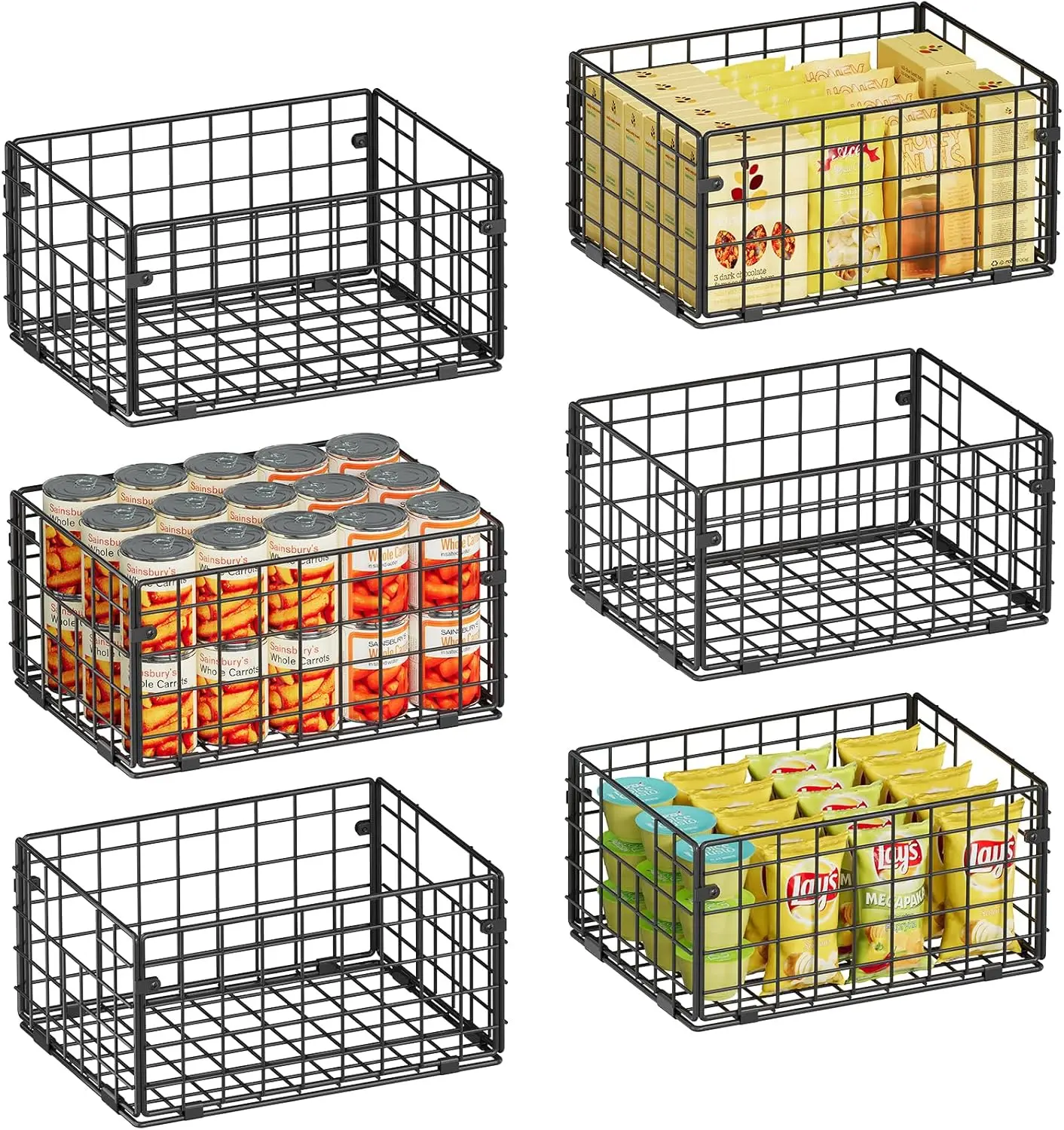

Foldable Metal Wire Storage Baskets with Handles Six Pack Pantry Kitchen Bathroom Closet Organizer