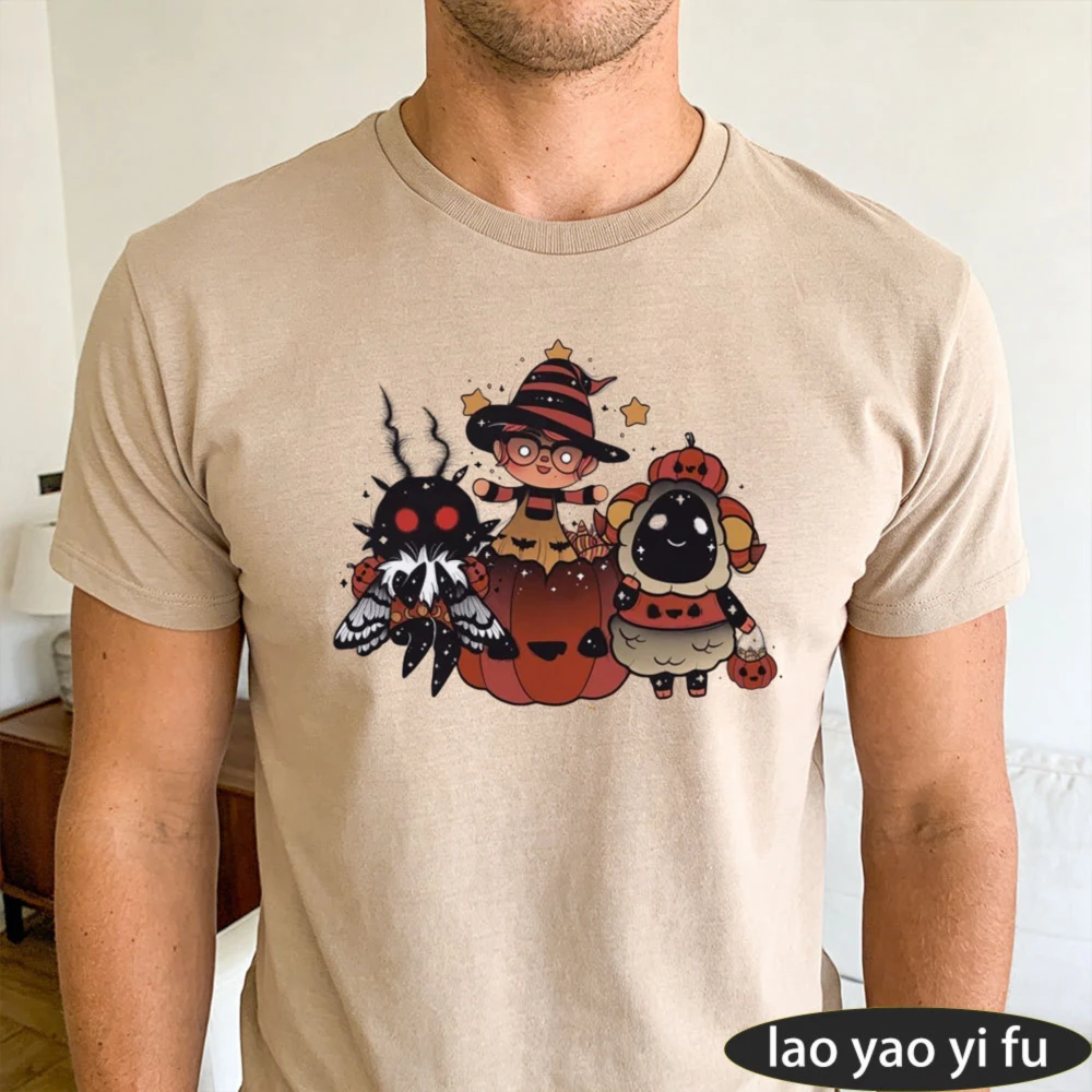 Cute Halloween Creatures Pumpkin Witch Moth Sheep Men Summer Cotton T Shirt Kawaii Fall Halloween Short Sleeve Basic Tee