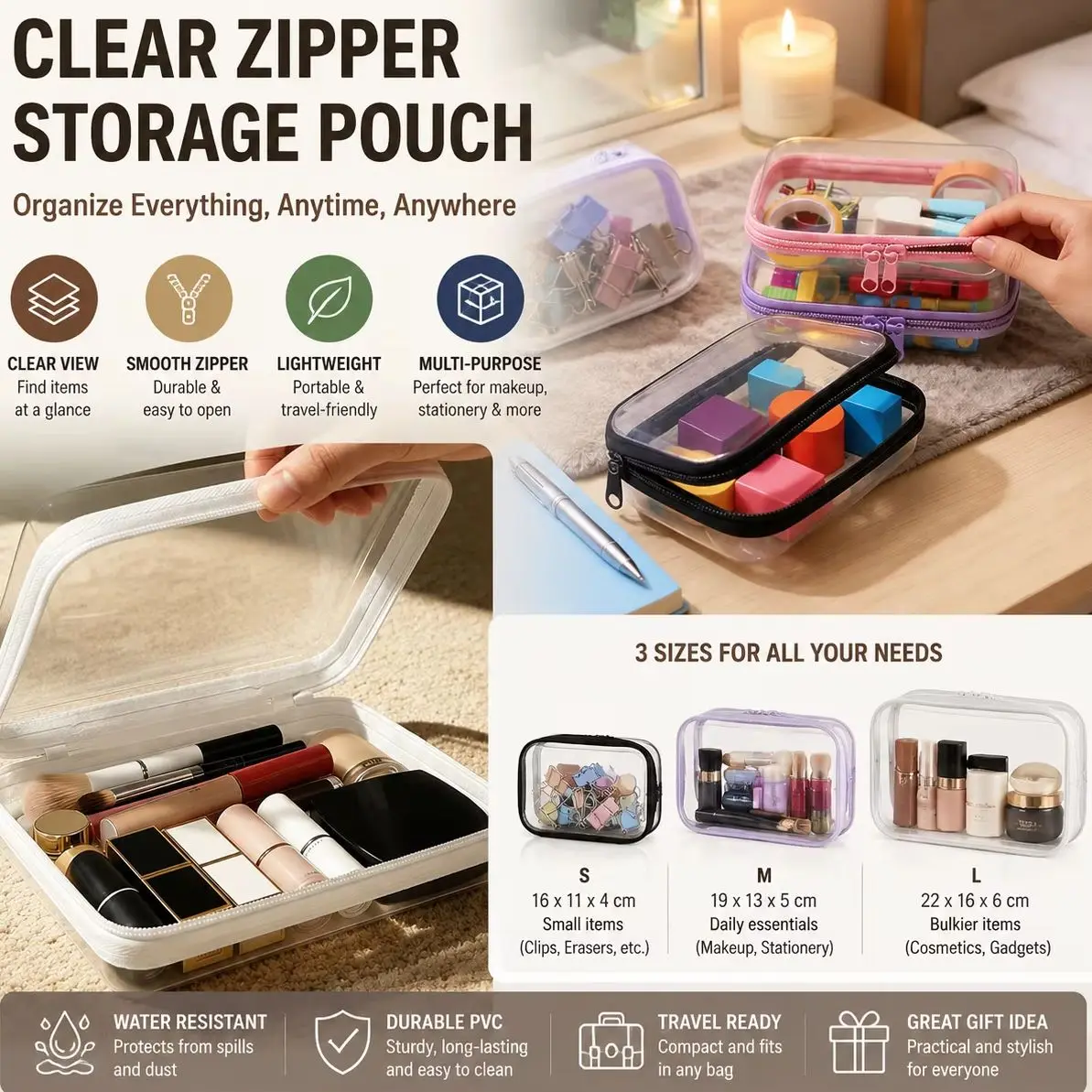 Desktop Zipper Storage Box Transparent Miscellaneous Items Hair Cosmetic Dust-Proof Organizing Box Flip Cover Box Pet Zipper Bag