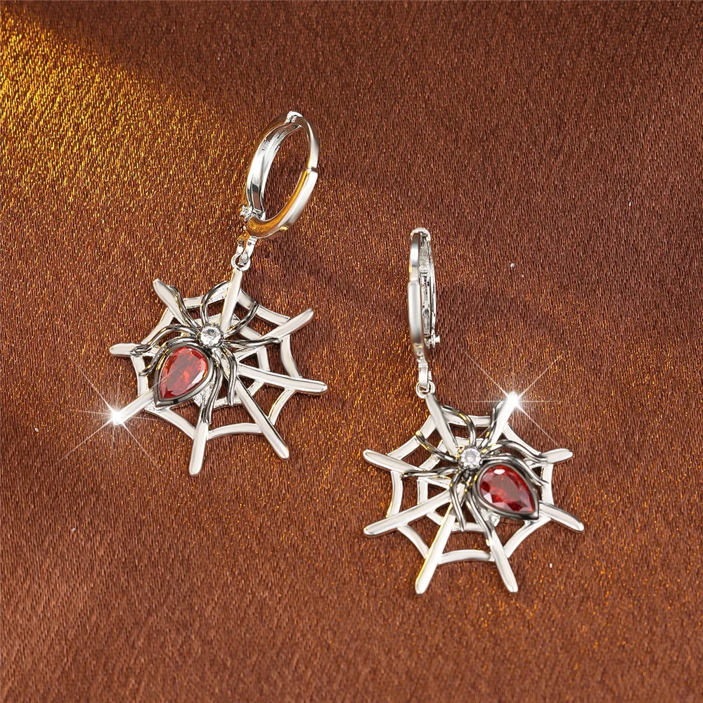 Crystal Female Red Zircon Stone Spider Hoop Earrings Vintage Fashion Silver Color Halloween Wedding Jewelry For Women