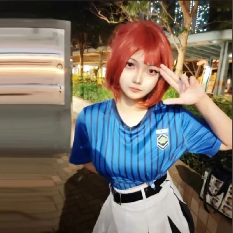 أنيمي الأزرق قفل أنري Teieri تأثيري حلي شعر مستعار التشجيع تأثيري موحدة أعلى تنورة اتحاد كرة القدم هالوين امرأة حفلة البدلة