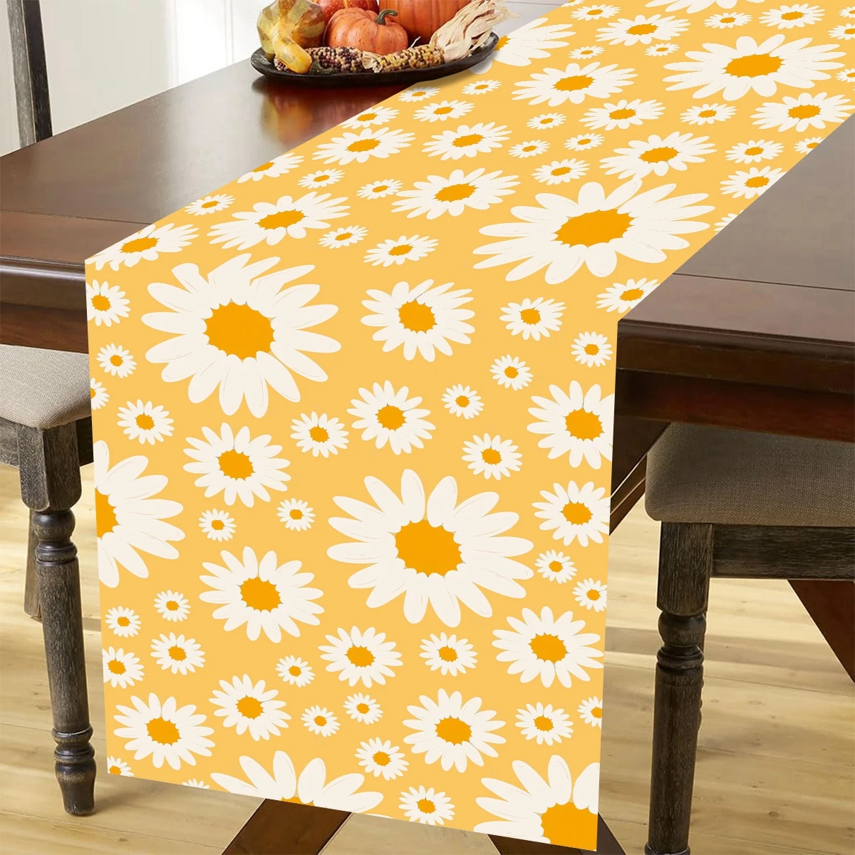 180*35cm White Daisy Flowers Summer Table Runner Seasonal Spring Holiday Kitchen Dining Table Decoration for Home Party Decor