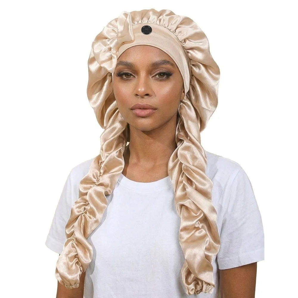 Satin Material Sleep Bonnet Non-Slip Design Adjustable Fit Satin Bonnet Soft Fabric Long Curling Ribbons Heatless Curl Bonnet