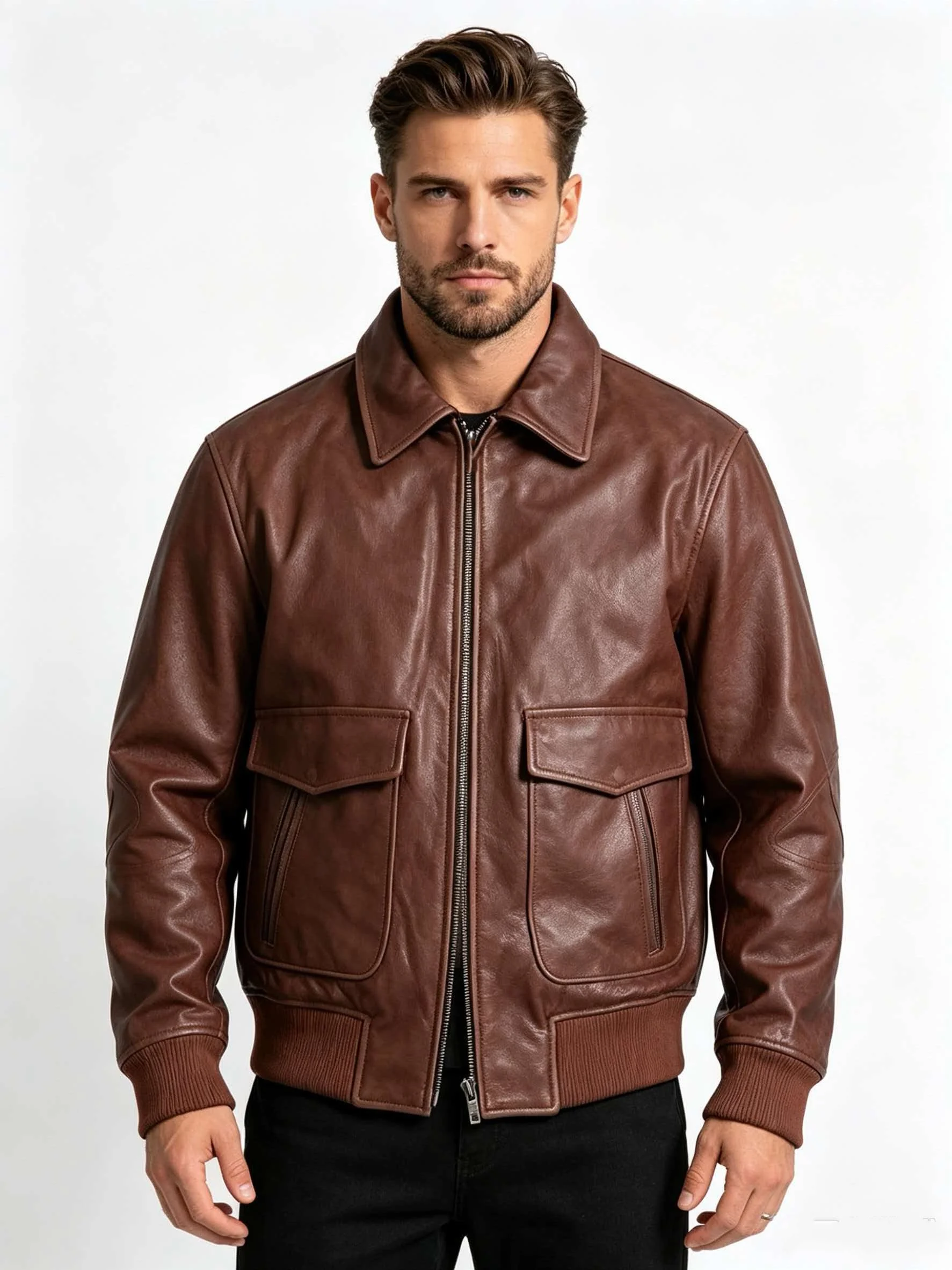 Red Brown Autumn Leather Jacket Men Retro Style Plus Size 3XL Genuine Natural Cowhide Turn-Down Collar Military Flight Coat