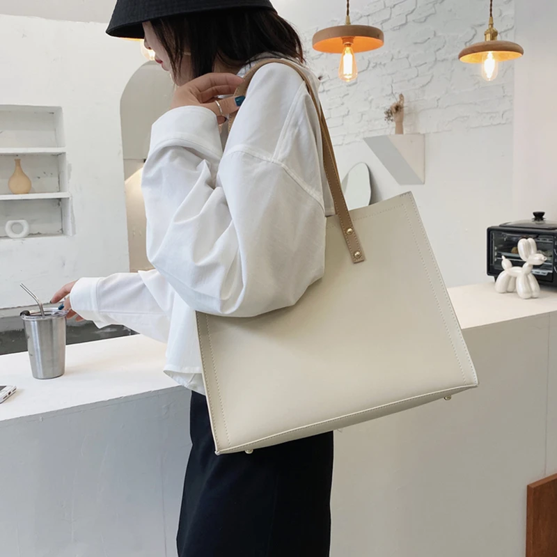 Hifashion 2 Pcs/Set Large Shoulder Tote Bags For Women 2023 Trend Designer Shopper PU Leather Ladies Work Handbags Beige Black