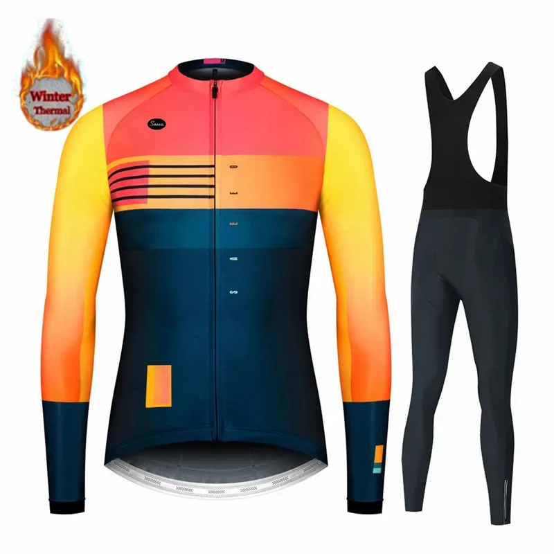 Spain Team Winter Thermal Fleece Cycling Clothes Men Long Sleeve Jersey Suit Outdoor Riding Bike MTB Pants Clothing Jumpsuits