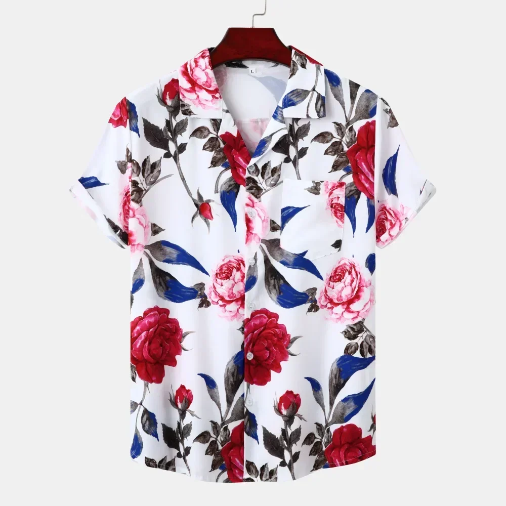 New Hawaii Style Men Shirts Trend Rose Print Short Sleeve Tops Man Casual Holiday Shirts Male Beach Shirt Blouse Streetwear