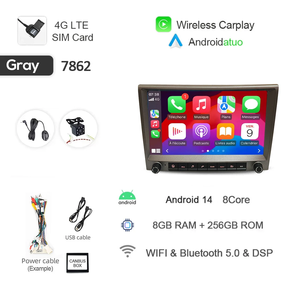 Grijs 720P Auto Android 14 Voor Porsche Cayman 911 987 Boxster 997 CarPlay Autoradio GPS Multimedia navigatie 4GB Bluetooth Wifi