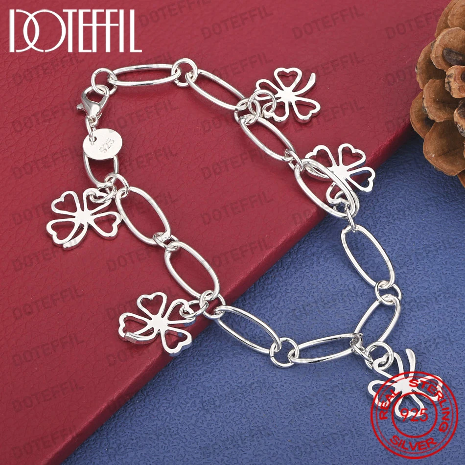 

925 Sterling Silver 8-inch Delicate Four-Leaf Clover Bracelet for Women, Fashionable and Charming Wedding Accessories