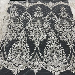 Exquisite Luxury Silver Sequins Beads Embroidery High-Grade Wedding Dress Evening Dress Lace Fabric Private Custom Clothing