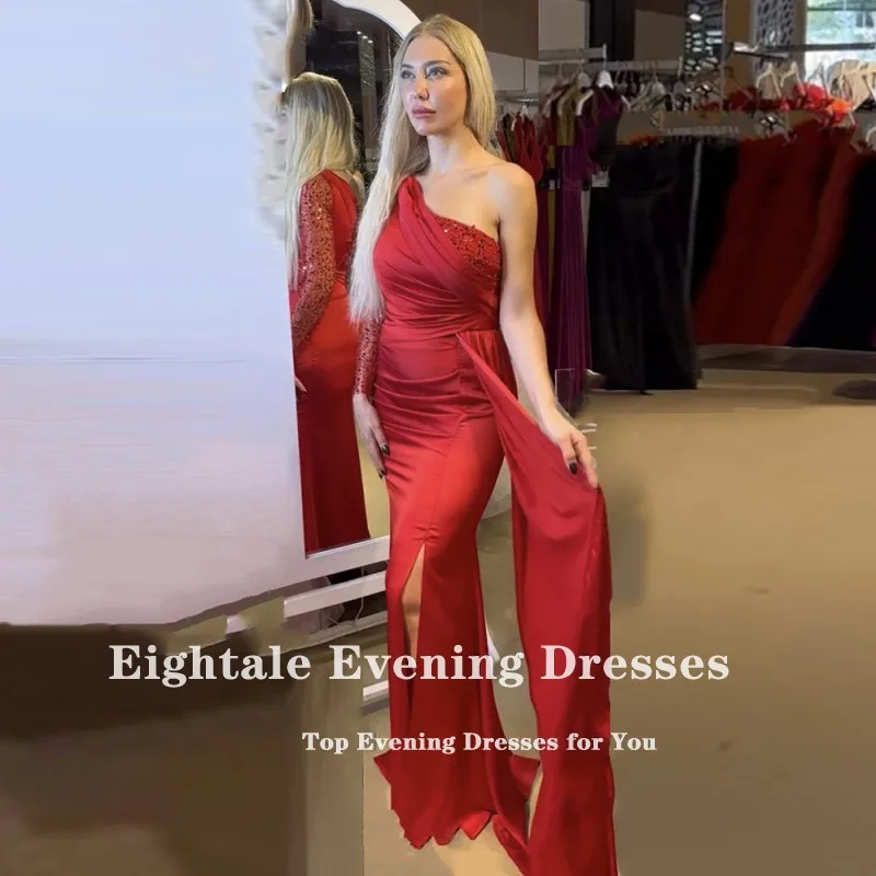 Eightale-um vestido de cetim ombro, vestidos elegantes, brilhante Lantejoula Top, vermelho, Custom Made cor e tamanho, Prom, Wedding Party Gown