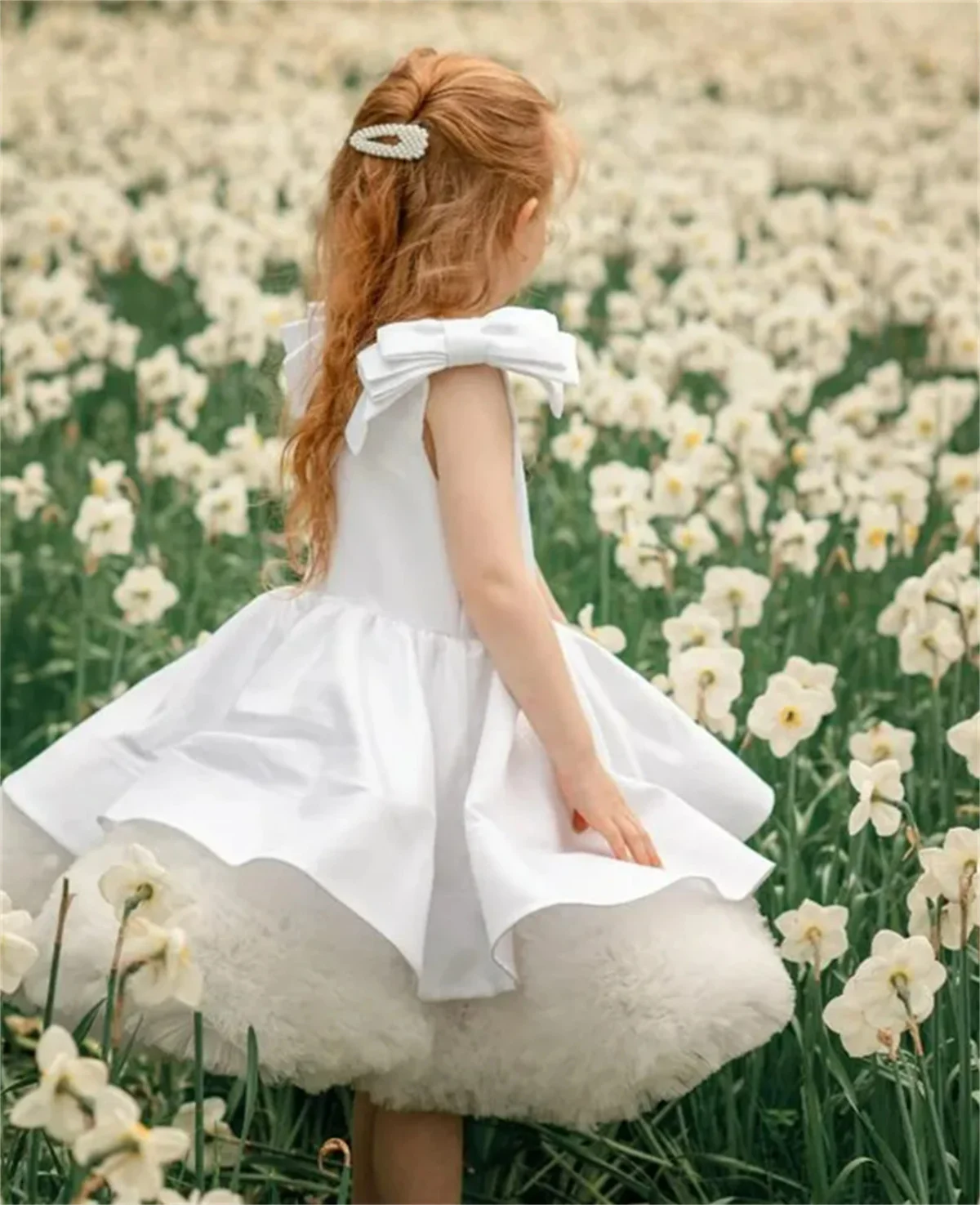 Vestido de flores para niña, ropa blanca esponjosa, apliques de lazo, elegante, primera eucarista, fiesta de cumpleaños