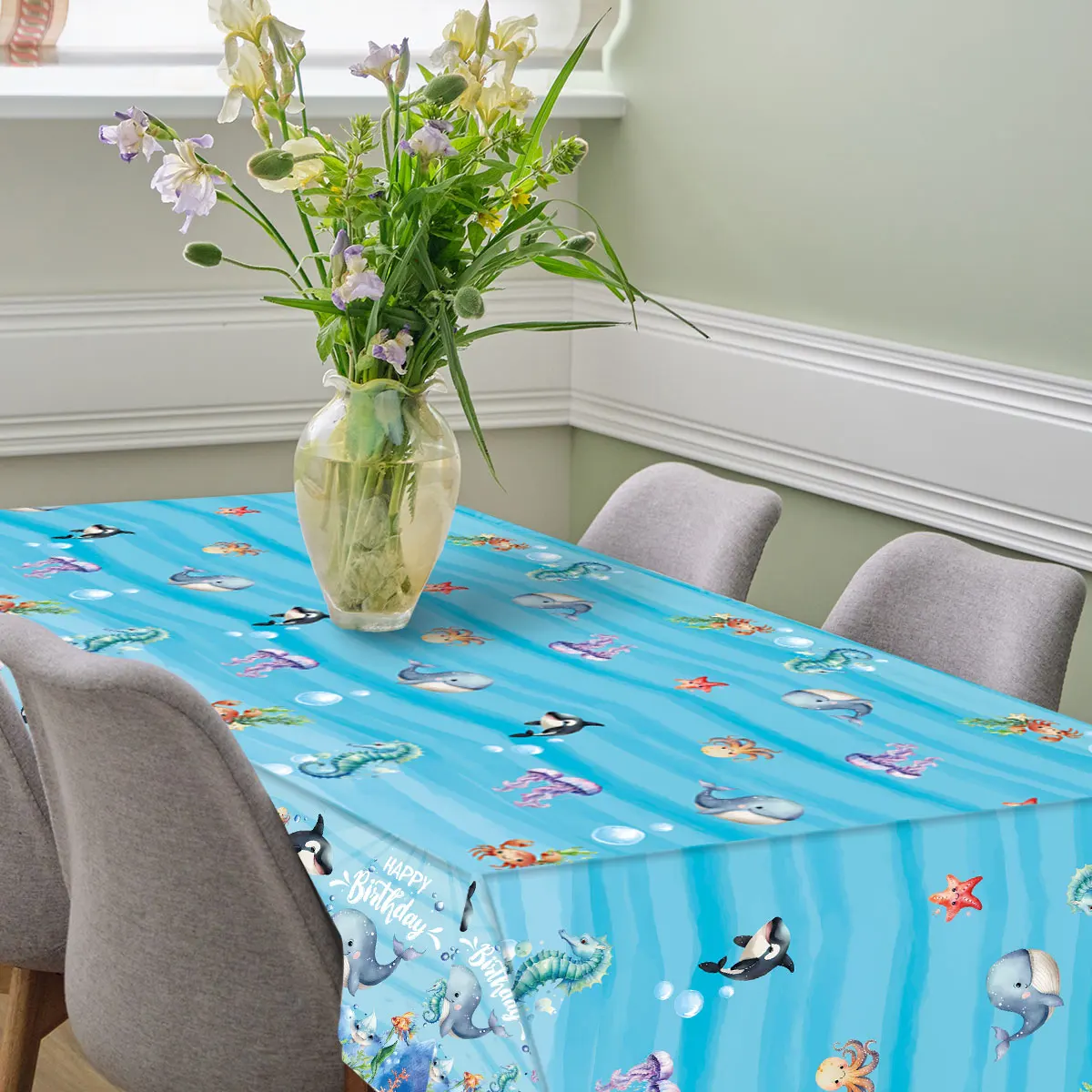 Ocean Theme Tablecloth Happy Birthday Party Decoration Under The Sea Kids Birthday Party Table Decoration Baby Shower Decor