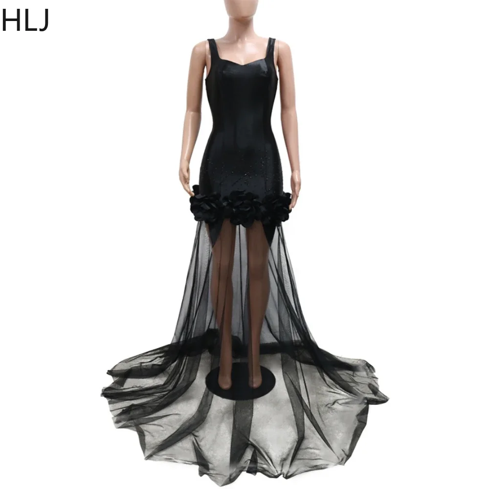 HLJ negro moda malla transparente costura fruncido vestido largo de fiesta de noche mujeres Spaghetti Strap Rhinestone Vestidos ajustados bata