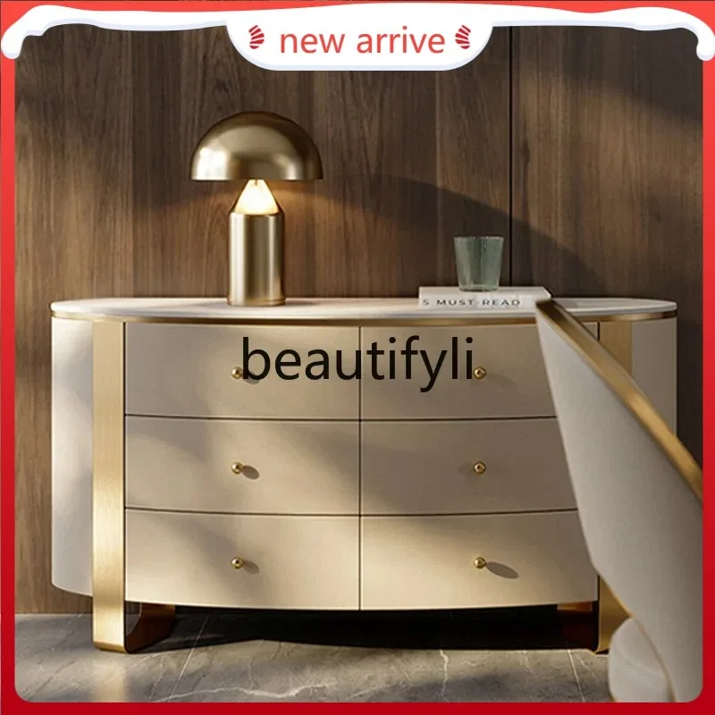 

D2520 Light luxury rock slab dining side cabinet Stainless steel simple secret cabinet High-grade circular arc six-bucket cabine