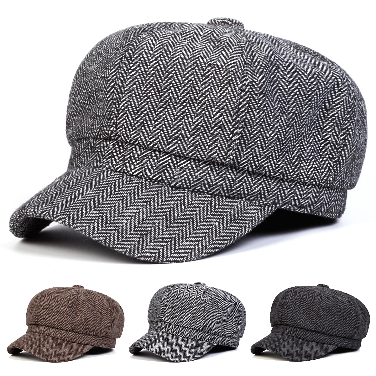 Unisex Herringbone Personality Newsboy Hat Spring Autumn Retro Beret Hats Wild Casual Hats Octagonal Cap ﻿