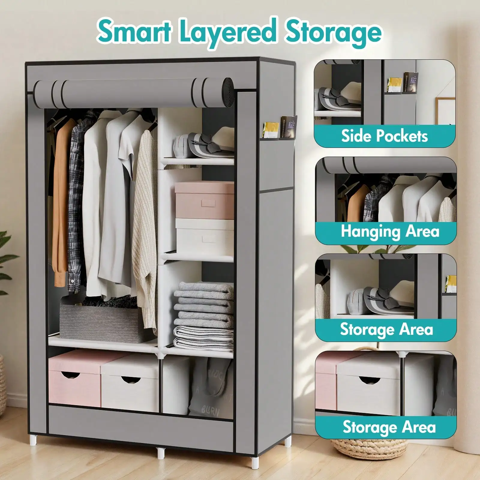 Garment Rack,Clothing Racks For Hanging Clothes ,No-Assembly Portable Closet, Wardrobe Organizer, Portable Wardrobe With 6 Shelves & 1 Hanging Rod, 4 Side Pockets, For Bedroom, Living Room, Cloakroom, Garage, Dorm, Apartment view 5